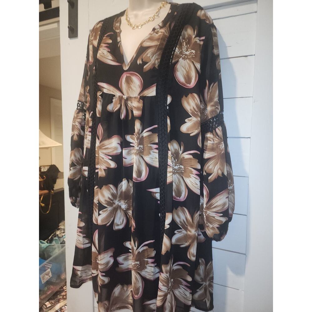 Entro Women's Black/Brown Floral Print Mini Dress Size Large Embroidered - Picture 15 of 16